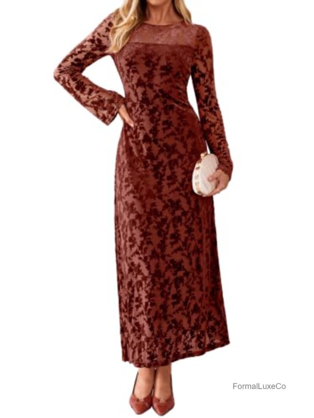 Burnout Velvet Long Sleeve Maxi Dress Floral Formal Wedding Guest